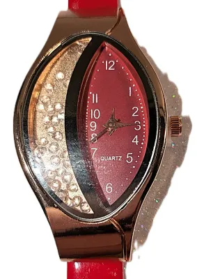 Sale Photo Thumbnail #173: Interesting "MOVEABLE" SPLIT OBLONG RED WATCH with BAND: (Red, THIN Glossy Faux Leather 8½") DIAL: (1"  Half Red + Half Rose Gold with "MOVING CRYSTALS" + OBLONG) BATTERY: Button 20 mm  *EXTRA BATTERY INCL.*