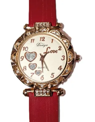 *JEWELED TRIPLE HEARTS" WATCH with BAND: (RED/Rubber 8¾") DIAL: (1¼" WHITE, Jeweled Gold Tone Beveled Surround + ROUND)...