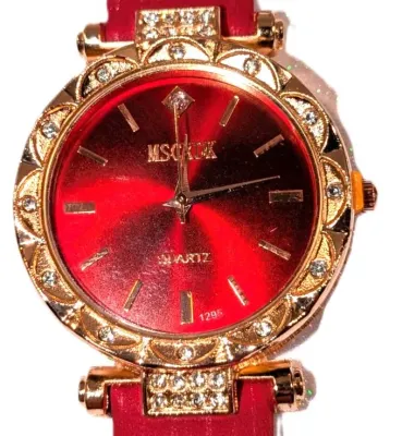 RED GLOSSY (Model 1295) WATCH with BAND: (RED/Rubber 8¾") DIAL: (1¼" RED, Jeweled Rose Gold Beveled Surround + ROUND) BRAND:...