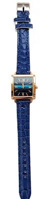 "BLUE & GOLD COLORED SQUARE" WATCH with BAND: (BLUE GLOSSY "PATENT LEATHER" STYLE 9") DIAL: (1" Roman...