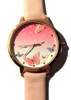 "PINK & WHITE BUTTERFLIES" WATCH with BAND: (LIGHT PINK / Faux Leather 9") DIAL: (1½" Pink & White +Rose Gold...