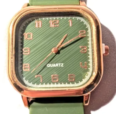 "SQUARE GREEN & GOLD" WATCH with BAND: (Green / Rubber 9") DIAL: (1½" Faint Slant Lines + SQUARE) BATTERY: Button...