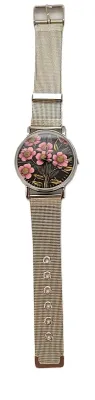 Beautiful "PINK FLOWERS" WATCH with BAND: (Flexible Metal "MESH" Silver Tone 9") DIAL: (1½" Pink Flowers +...