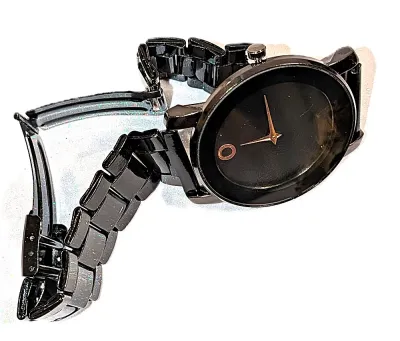 "UNADORNED SIMPLICITY DIAL" WATCH with BAND: (BLACK Metal-Style - SNAP-OVER CLASP (2½" Opening)) DIAL: (1¼" BLACK...