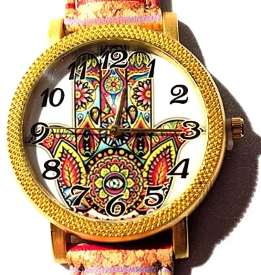 "MULTICOLOR GRAPHIC DESIGN HAND" WATCH with BAND: (Multicolor STRIPED / Faux Leather 9") DIAL: (1½" Colorful Graphic...