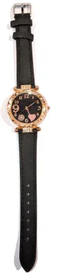 GLITTERY *9* LOVE *PINK 5* HEART* WATCH with BAND: (BLACK/Faux Leather 8¾") DIAL: (1¼" BLACK, Jeweled Rose Gold Beveled...