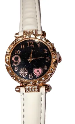 GLITTERY *9* LOVE *PINK 5* HEART* WATCH with BAND: (WHITE/Faux Leather 8¾") DIAL: (1¼" BLACK, Jeweled Rose Gold Beveled...