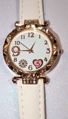 GLITTERY *9* LOVE *PINK 5* HEART* WATCH with BAND: (WHITE/Faux Leather 8¾") DIAL: (1¼" WHITE, Jeweled Rose Gold Beveled...