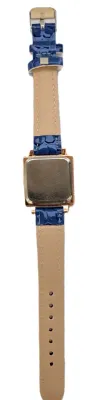 "BLUE & GOLD COLORED SQUARE" WATCH with BAND: (BLUE GLOSSY "PATENT LEATHER" STYLE 9") DIAL: (1" Roman...