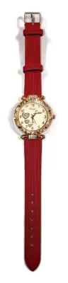 *JEWELED TRIPLE HEARTS" WATCH with BAND: (RED/Rubber 8¾") DIAL: (1¼" WHITE, Jeweled Gold Tone Beveled Surround + ROUND)...