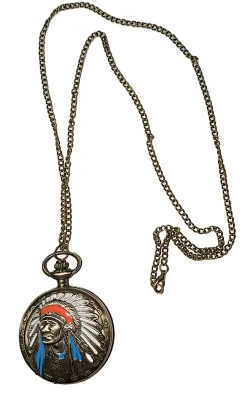 Sale Photo Thumbnail #98: Red, Blue on "Brass INDIAN-STYLE" POCKET WATCH with Brass Colored Case (1¾" Diam.) & BRASS Colored Chain (30" L . Chain/Lobster Clasp) **EXTRA BATTERY INCLUDED**

Dial: Analog 
Opening: Top-Push Knob
ALL ITEMS SHIPPED FREE