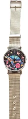 "BLUE TURTLE with BUTTERFLIES" WATCH with BAND: (Flexible Metal "MESH" Silver Tone 9") DIAL: (1½" Turtle +...