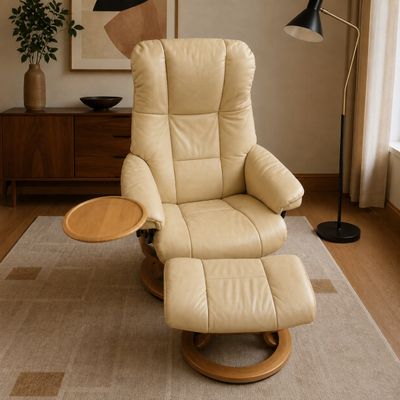 1020 Ekornes Stressless Cream Leather Recliner with Ottoman & Swivel Tray (Hers)