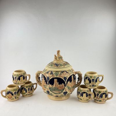 939 Vintage Gerz German Stoneware Rhine Castle Wine Cooler & 6 Mug Set