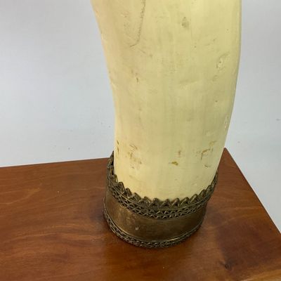 1055 Pair of Faux Ivory Decorative Tusks on Wooden Base