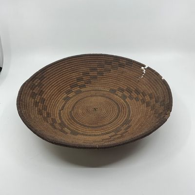 1025 Vintage Handwoven Coiled Basket with Geometric Design