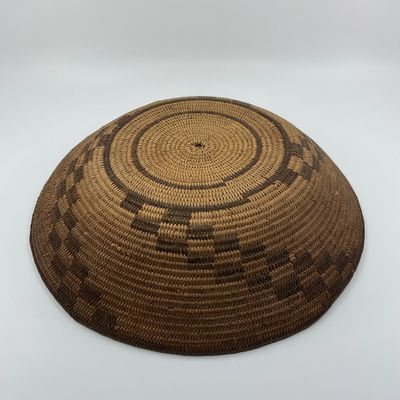 1025 Vintage Handwoven Coiled Basket with Geometric Design