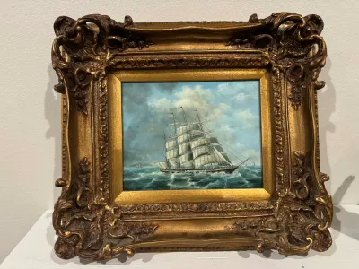 Vintage Painting of Clipper Ship in Ornate Gold Frame