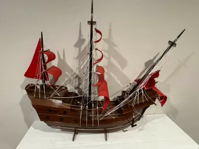 Large Handcrafted Wooden Tall Ship Model with Red Sails