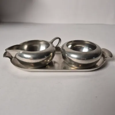 LOT 357K: Vintage MCM Silverama Dish, Teak Handled Set from Denmark, Royal Holland Pewter Set, Otagiri Hot Air Balloon Tray & More