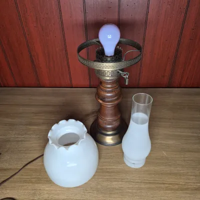 LOT 367B: Vintage Hurricane Lamp with Wood Base and Milk Glass Shade