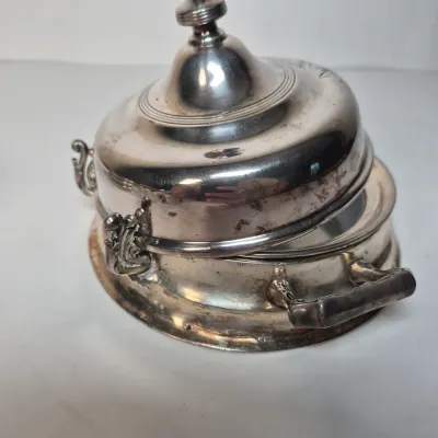LOT 355D: Sterling Lid Salt & Pepper Shakers, Glass Coasters, Silver Plated Dome Butter Dish with Sterling Rim Plate