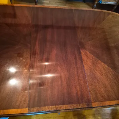 LOT 365D: Vintage Mahogany Dining Table with Six Custom Teacup Upholstered Chairs & 18" Leaf
