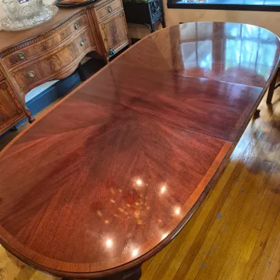 LOT 365D: Vintage Mahogany Dining Table with Six Custom Teacup Upholstered Chairs & 18" Leaf