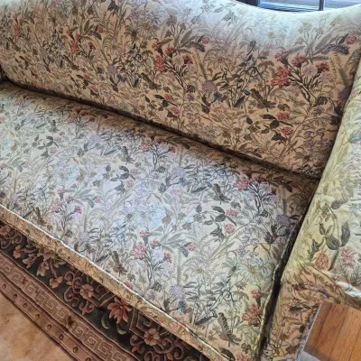 LOT 351L: Vintage Floral Tapestry Upholstered Camelback Sofa