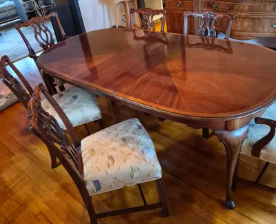 LOT 365D: Vintage Mahogany Dining Table with Six Custom Teacup Upholstered Chairs & 18" Leaf