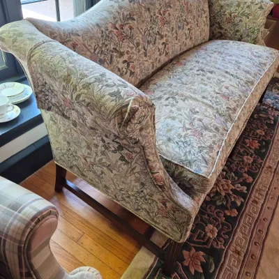LOT 351L: Vintage Floral Tapestry Upholstered Camelback Sofa