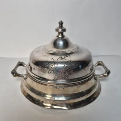 LOT 355D: Sterling Lid Salt & Pepper Shakers, Glass Coasters, Silver Plated Dome Butter Dish with Sterling Rim Plate