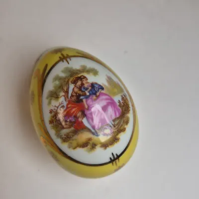 LOT 356K: Limoges Egg Trinket Box, Antique Reticulated Plate in Shadowbox Frame, Hand painted Tea Pot & Creamer