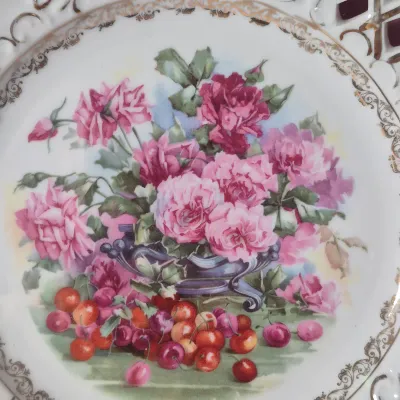 LOT 356K: Limoges Egg Trinket Box, Antique Reticulated Plate in Shadowbox Frame, Hand painted Tea Pot & Creamer
