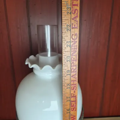 LOT 367B: Vintage Hurricane Lamp with Wood Base and Milk Glass Shade