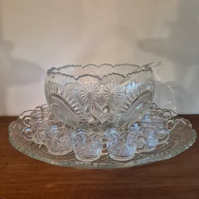 LOT 361D: Extra Large Glass Punch Bowl Set with Glass Ladle