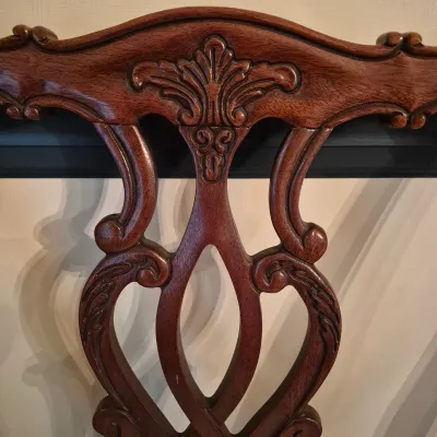 LOT 365D: Vintage Mahogany Dining Table with Six Custom Teacup Upholstered Chairs & 18" Leaf