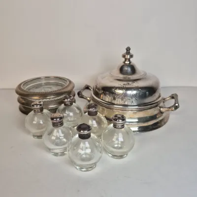 LOT 355D: Sterling Lid Salt & Pepper Shakers, Glass Coasters, Silver Plated Dome Butter Dish with Sterling Rim Plate