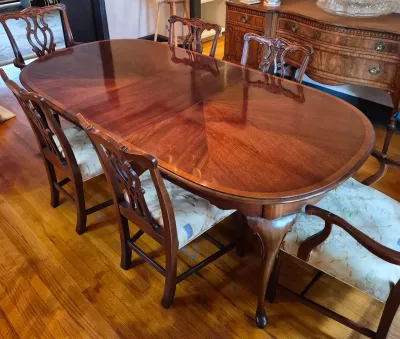 LOT 365D: Vintage Mahogany Dining Table with Six Custom Teacup Upholstered Chairs & 18" Leaf