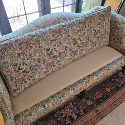 LOT 351L: Vintage Floral Tapestry Upholstered Camelback Sofa