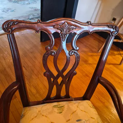 LOT 365D: Vintage Mahogany Dining Table with Six Custom Teacup Upholstered Chairs & 18" Leaf