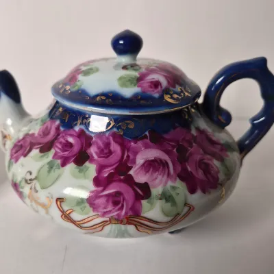 LOT 356K: Limoges Egg Trinket Box, Antique Reticulated Plate in Shadowbox Frame, Hand painted Tea Pot & Creamer