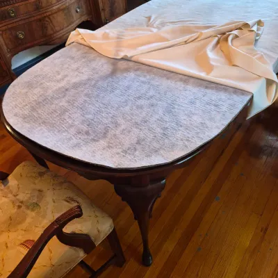 LOT 365D: Vintage Mahogany Dining Table with Six Custom Teacup Upholstered Chairs & 18" Leaf