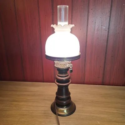 LOT 367B: Vintage Hurricane Lamp with Wood Base and Milk Glass Shade