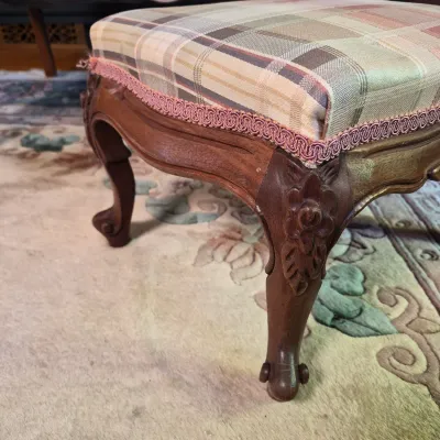 LOT 353L: Matching Upholstered His & Hers Highback Wing Chairs and Footstool