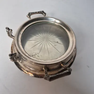 LOT 355D: Sterling Lid Salt & Pepper Shakers, Glass Coasters, Silver Plated Dome Butter Dish with Sterling Rim Plate
