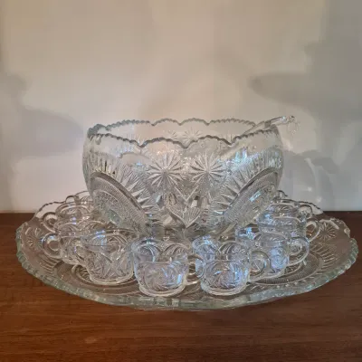 LOT 361D: Extra Large Glass Punch Bowl Set with Glass Ladle