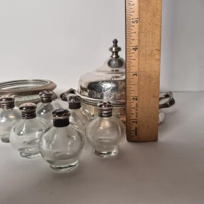 LOT 355D: Sterling Lid Salt & Pepper Shakers, Glass Coasters, Silver Plated Dome Butter Dish with Sterling Rim Plate