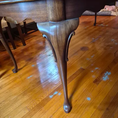 LOT 365D: Vintage Mahogany Dining Table with Six Custom Teacup Upholstered Chairs & 18" Leaf