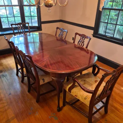 LOT 365D: Vintage Mahogany Dining Table with Six Custom Teacup Upholstered Chairs & 18" Leaf